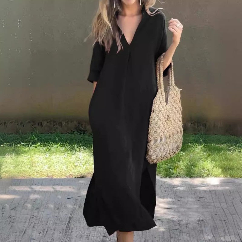 ✨שמלת חריץ אלגנטית עם צווארון V