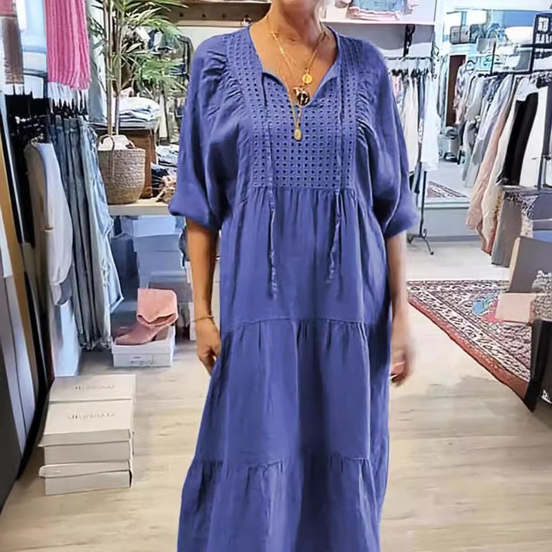⏳50% הנחה לזמן מוגבל💥שמלה ארוכה עם מחשוף וי שכבתי וצווארון חצי שרוול לנשים