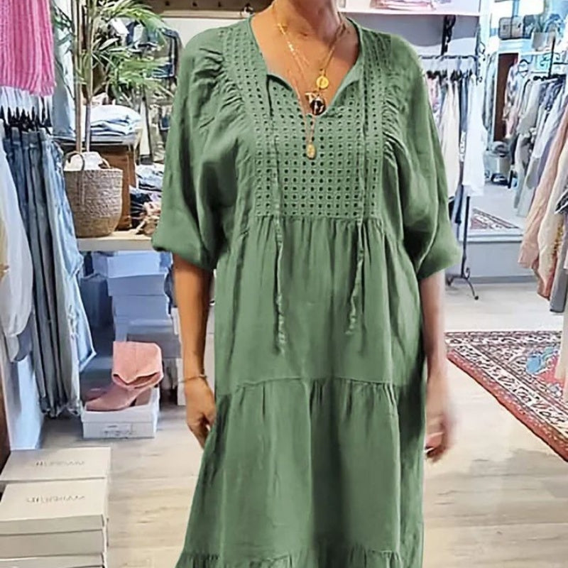 ⏳50% הנחה לזמן מוגבל💥שמלה ארוכה עם מחשוף וי שכבתי וצווארון חצי שרוול לנשים