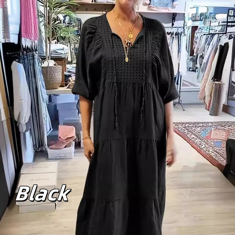 ⏳50% הנחה לזמן מוגבל💥שמלה ארוכה עם מחשוף וי שכבתי וצווארון חצי שרוול לנשים
