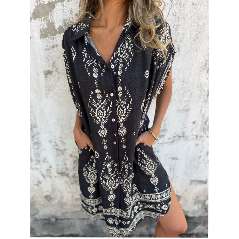 💕מה עליי ללבוש מחר?💕שמלת שרוולים קצרים מודפסים בגזרה משוחררת עם כיסים