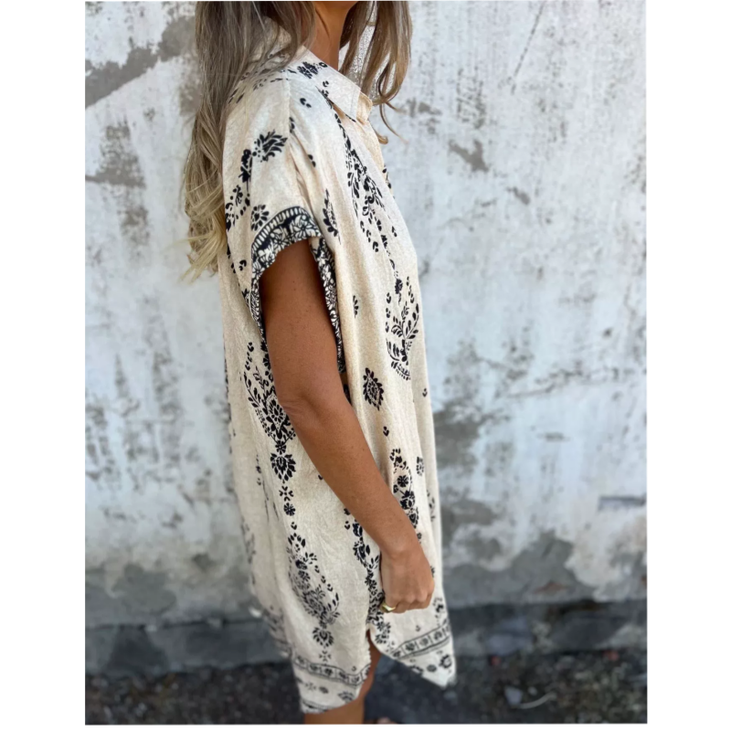 💕מה עליי ללבוש מחר?💕שמלת שרוולים קצרים מודפסים בגזרה משוחררת עם כיסים
