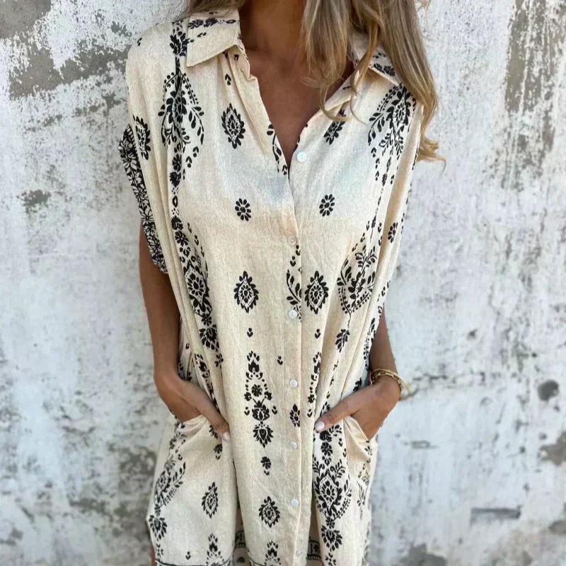 💕מה עליי ללבוש מחר?💕שמלת שרוולים קצרים מודפסים בגזרה משוחררת עם כיסים
