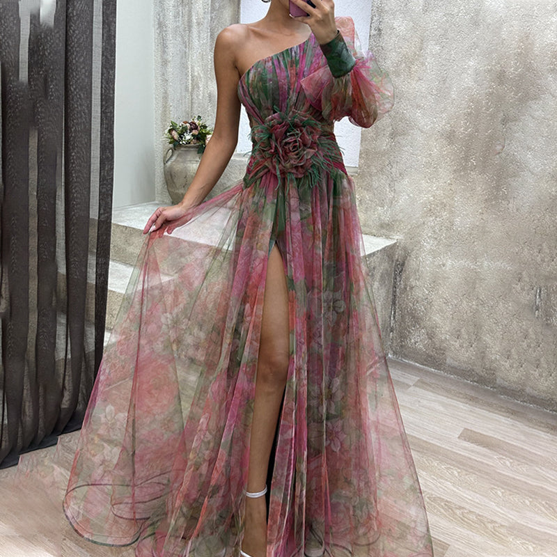 🌸מבצעי אביב💐 שמלת מסיבה אסימטרית צבעונית עם עיטורי פרחים
