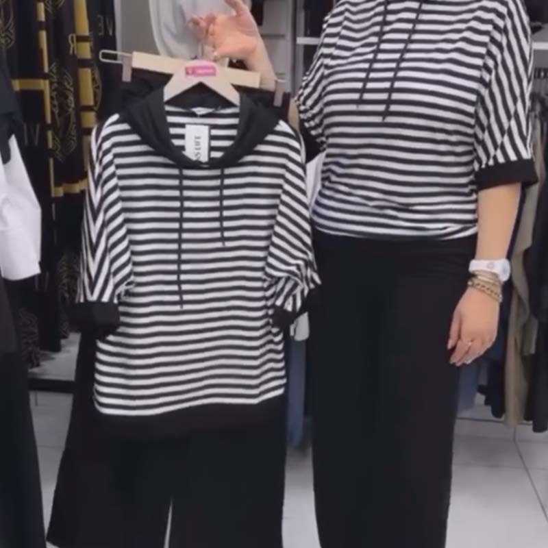 סט טופ פסים נשים ומכנסיים סולידיים