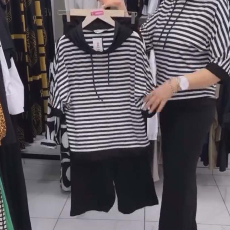 סט טופ פסים נשים ומכנסיים סולידיים