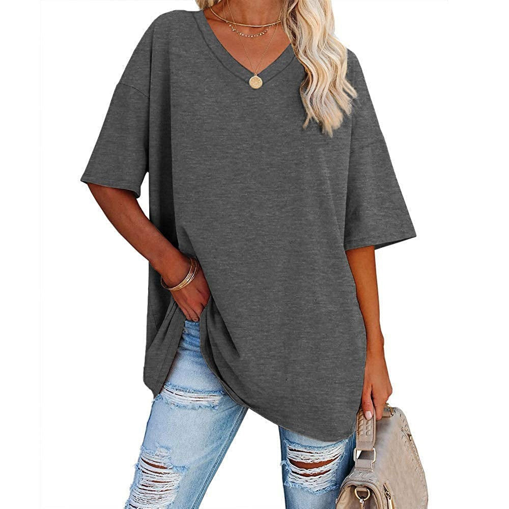 👗✨ חולצת טריקו עם צווארון V קז'ואל לנשים 💕