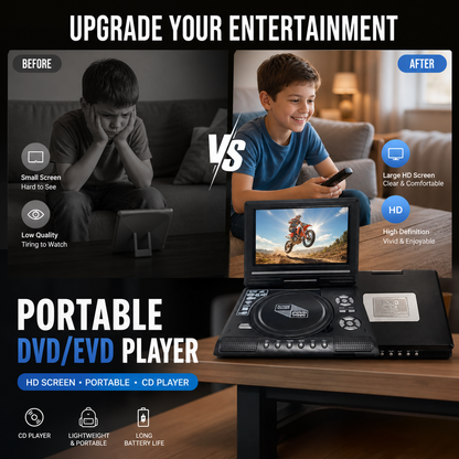 📺 נגן DVD/EVD נייד HD בגודל 7.8 אינץ' – מסך גדול, נטען ותואם ל-DVD/CD/USB/SD – מושלם לשימוש ביתי ולנסיעות 🔥 50% הנחה