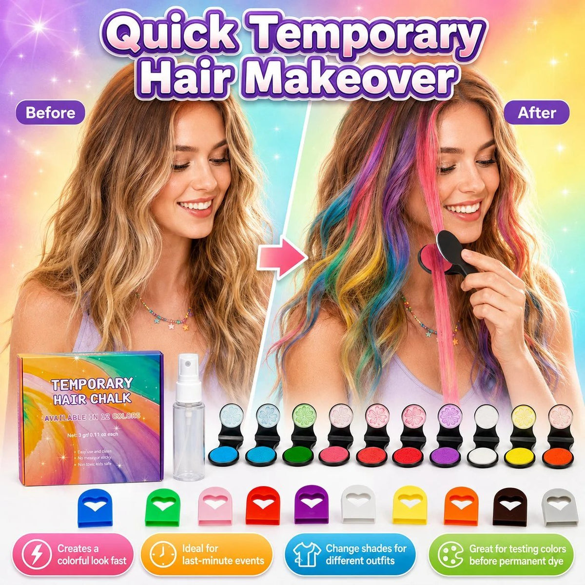 🎉🔥Last Day 52% OFF - 🌈12-Color Temporary Hair Chalk Applicator Set🎁-Ready for Christmas!🎅