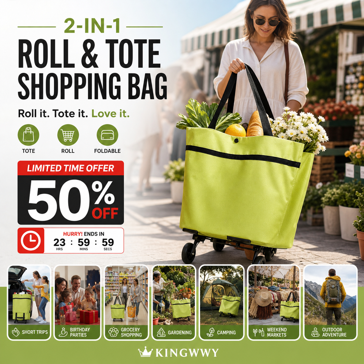 🛒✨ עגלת קניות מתקפלת 2-ב-1 | קיבולת 23 ליטר | גלגלים שקטים | בד אוקספורד איכותי 🌿