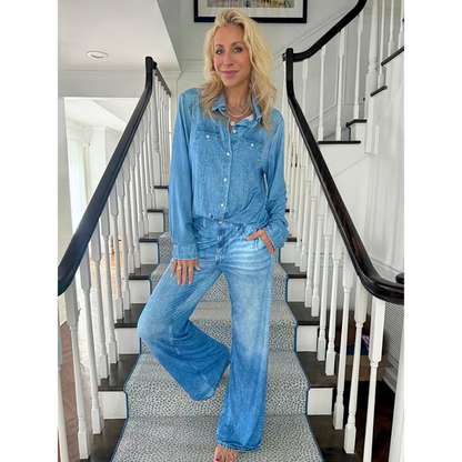 🌙 סט פיג'מות Denim Dreams – גזרה נעימה, בגדי טרקלין רכים במראה ג'ינס לנוחות כל הלילה 🌟