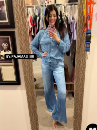 🌙 סט פיג'מות Denim Dreams – גזרה נעימה, בגדי טרקלין רכים במראה ג'ינס לנוחות כל הלילה 🌟