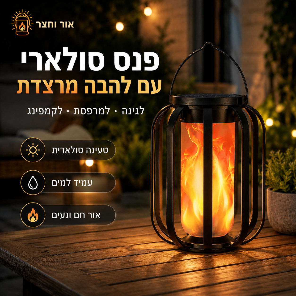🏮 פנס שמשי עם אפקט להבה רוקדת ✨ | עמיד למזג | מושלם לגינה, טרסה וקמפינג 🌿