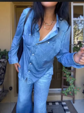 🌙 סט פיג'מות Denim Dreams – גזרה נעימה, בגדי טרקלין רכים במראה ג'ינס לנוחות כל הלילה 🌟