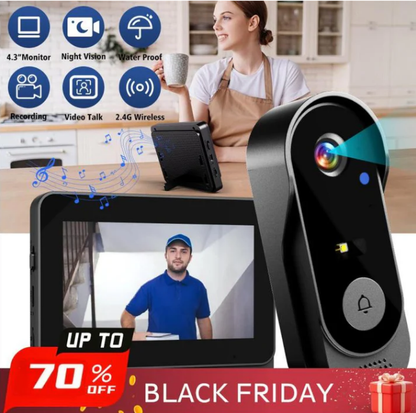 מצלמת פעמון דלת אלחוטית: 1080P, זווית 170°, מסך 4.3 אינץ', עמידות למים חיצונית בתקן IPX65, ראיית לילה