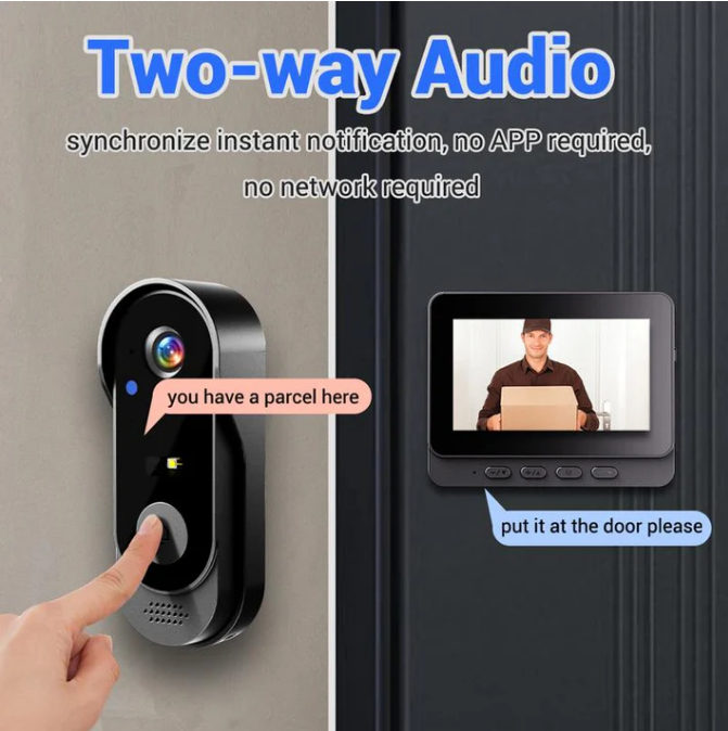 מצלמת פעמון דלת אלחוטית: 1080P, זווית 170°, מסך 4.3 אינץ', עמידות למים חיצונית בתקן IPX65, ראיית לילה