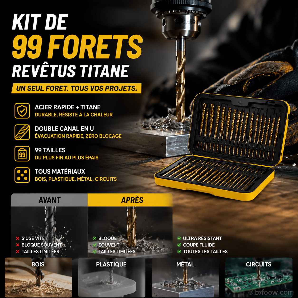 🔧✨ סט מקדחות ציפוי טיטניום | 50/60/70/99 יחידות | קידוח עץ, מתכת, פלסטיק ומתכת | פלדת HSS מקצועית 🏆