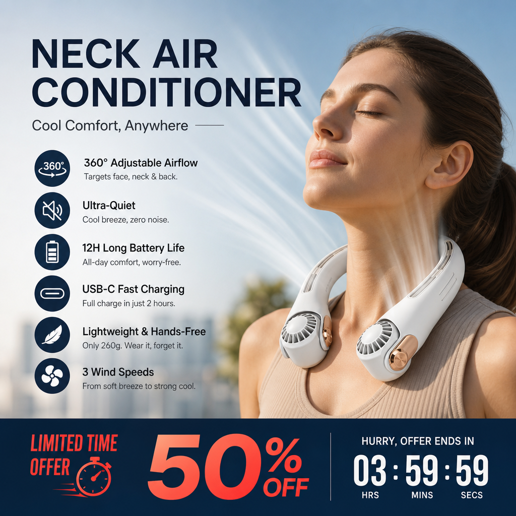 🌀 50% הנחה לזמן מוגבל! 💥 מאוורר צוואר מסתובב 360° – שקט במיוחד, 3 מהירויות, ידיים חופשיות, סוללה ארוכה ✨