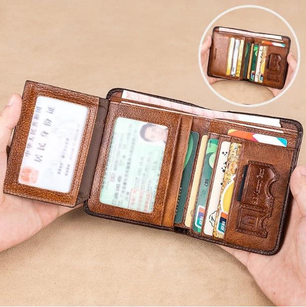 ארנק עור מינימליסטי לגברים עם חסימת RFID - עור פרה דק במיוחד, שכבה עליונה אמיתית, עיצוב קצר לנשיאה יומיומית