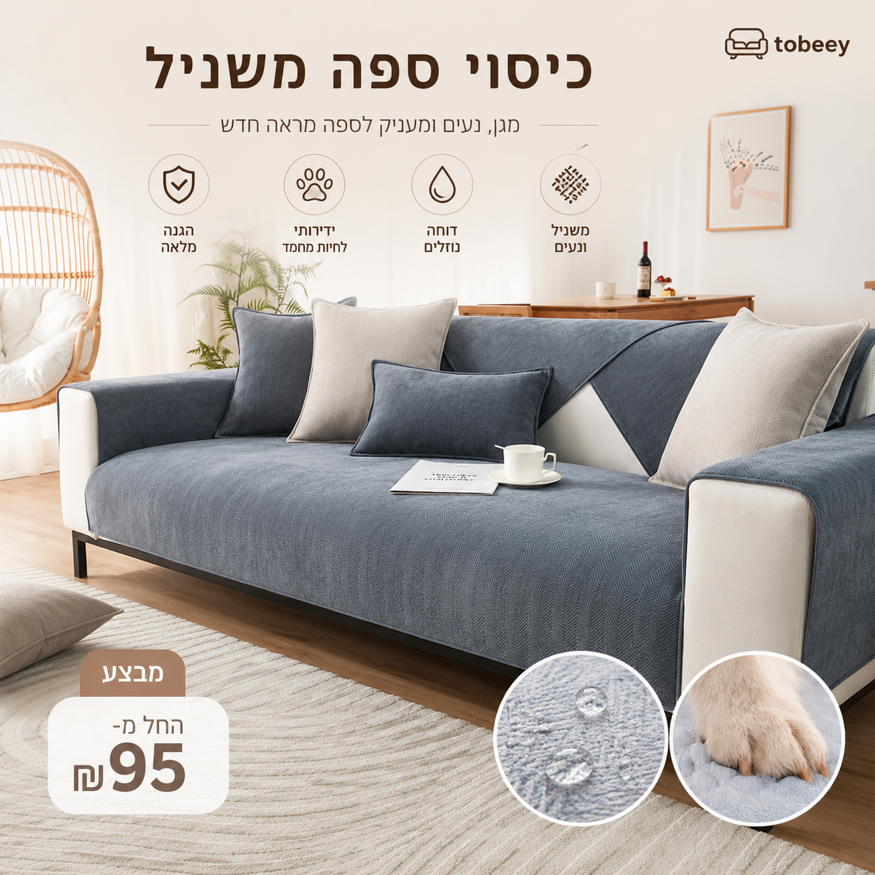 אדרה כיסוי ספה מגן ריהוט מבד שניל