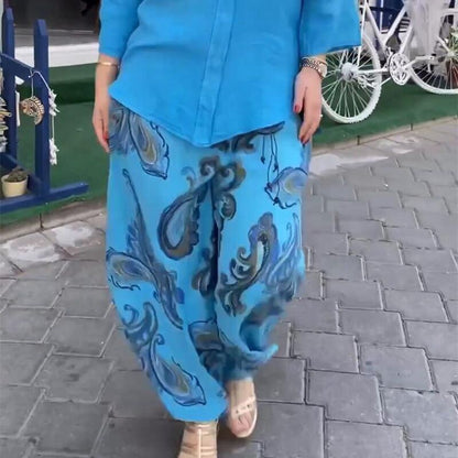 בגדי ריקוד נשים קז'ואל מודפס חולצה עם שרוול ארוך ומכנסיים רחבים סט 2 חלקים