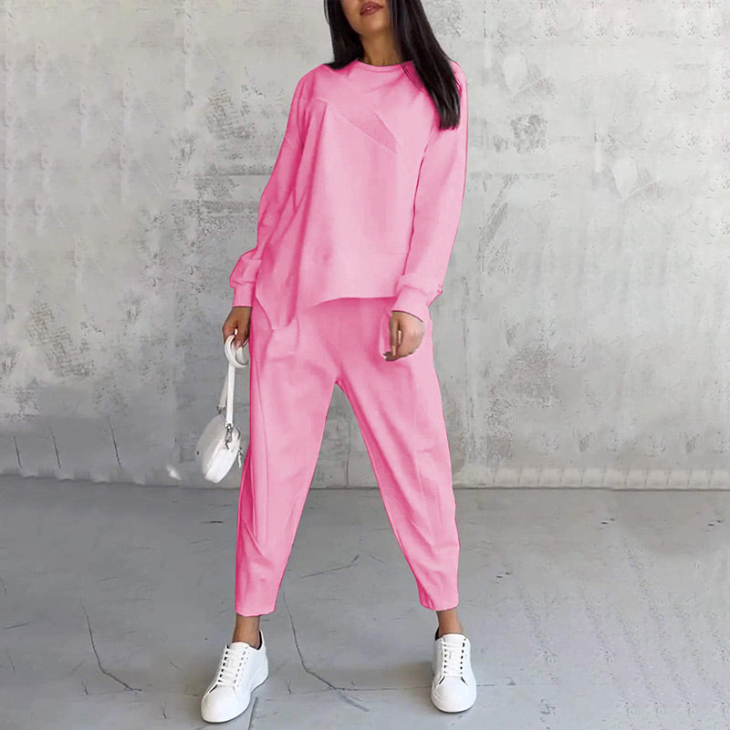 🌸✨סט כותנה לנשים עם סווטשירט ארוך שרוולים ומכנסיים, עם שוליים א-סימטריים