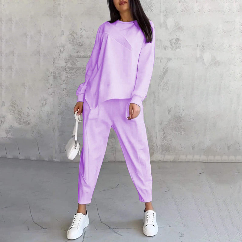 🌸✨סט כותנה לנשים עם סווטשירט ארוך שרוולים ומכנסיים, עם שוליים א-סימטריים