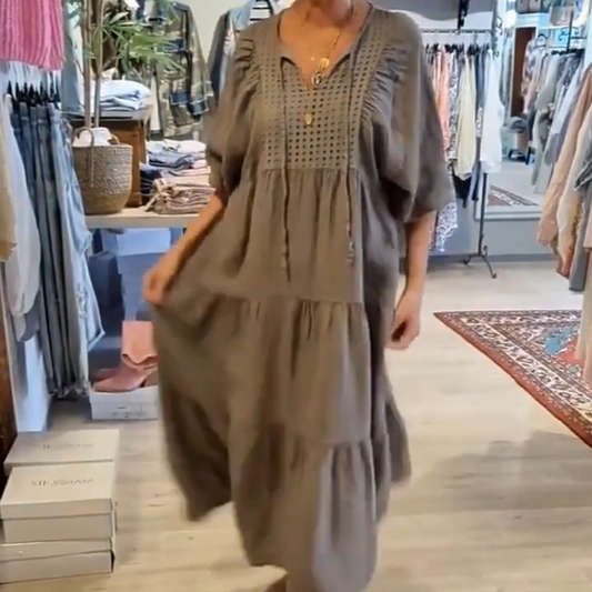 ⏳50% הנחה לזמן מוגבל💥שמלה ארוכה עם מחשוף וי שכבתי וצווארון חצי שרוול לנשים