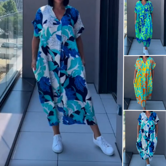 💜מבצע מוגבל 50% הנחה 👗שמלת נשים אלגנטית קז'ואלית עם צווארון V מודפסת