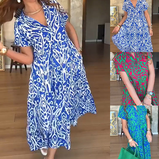 🌊מבצע מוגבל בזמן של 50% הנחה🎨שמלה ארוכה עם הדפס קז'ואל לנשים בגזרת A