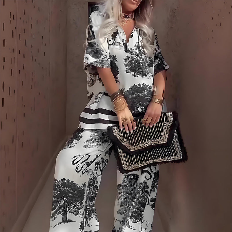 🔥🌊מבצע קיץ גדול 50% הנחה!!💃צרכים יומיומיים!✅ סט עם צווארון V מודפס | סט של פתרונות ללבישה, קז'ואל ואופנתי, לא נמאס לכם ללבוש כל יום