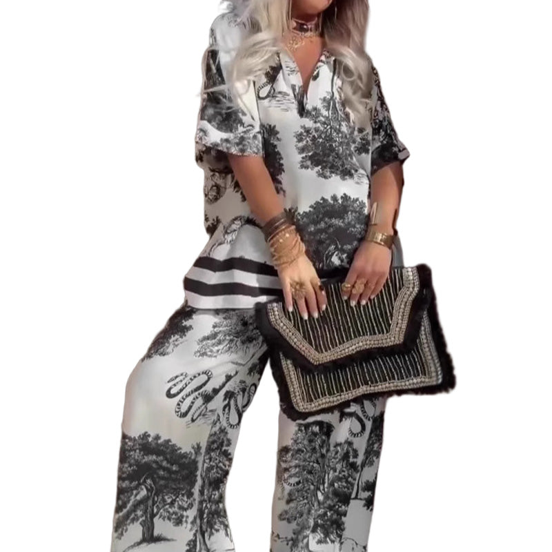 🔥🌊מבצע קיץ גדול 50% הנחה!!💃צרכים יומיומיים!✅ סט עם צווארון V מודפס | סט של פתרונות ללבישה, קז'ואל ואופנתי, לא נמאס לכם ללבוש כל יום