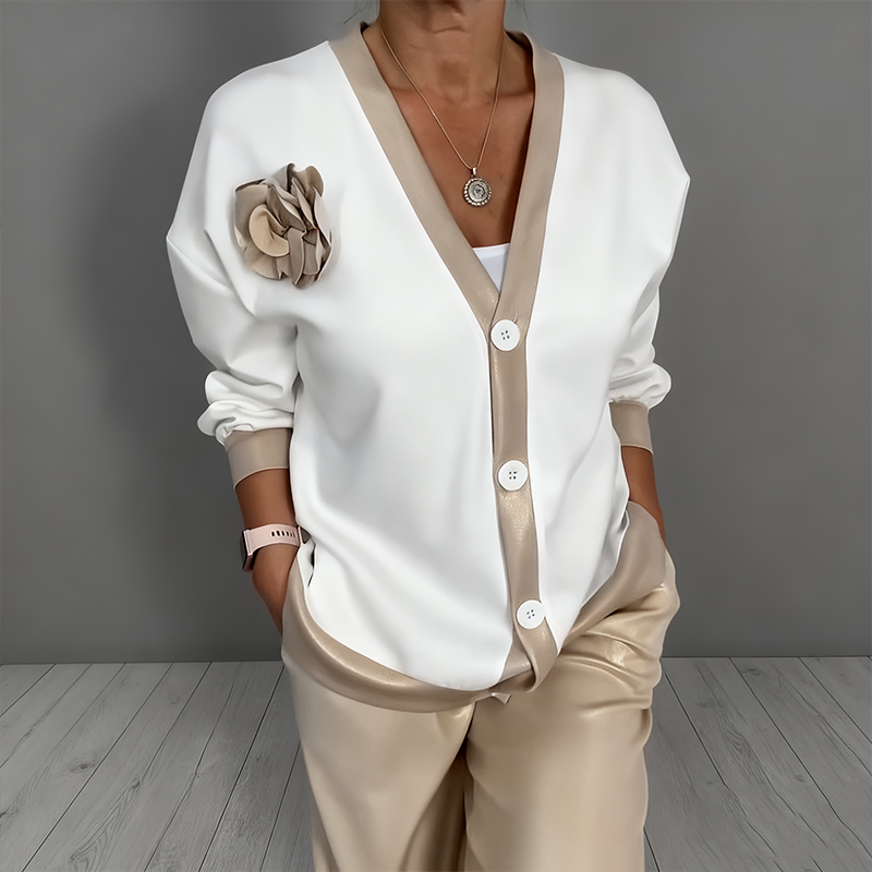 סט שתי חלקים לנשים קז’ואל טופ עם צווארון בצורת V ומכנסיים במותן גבוהה