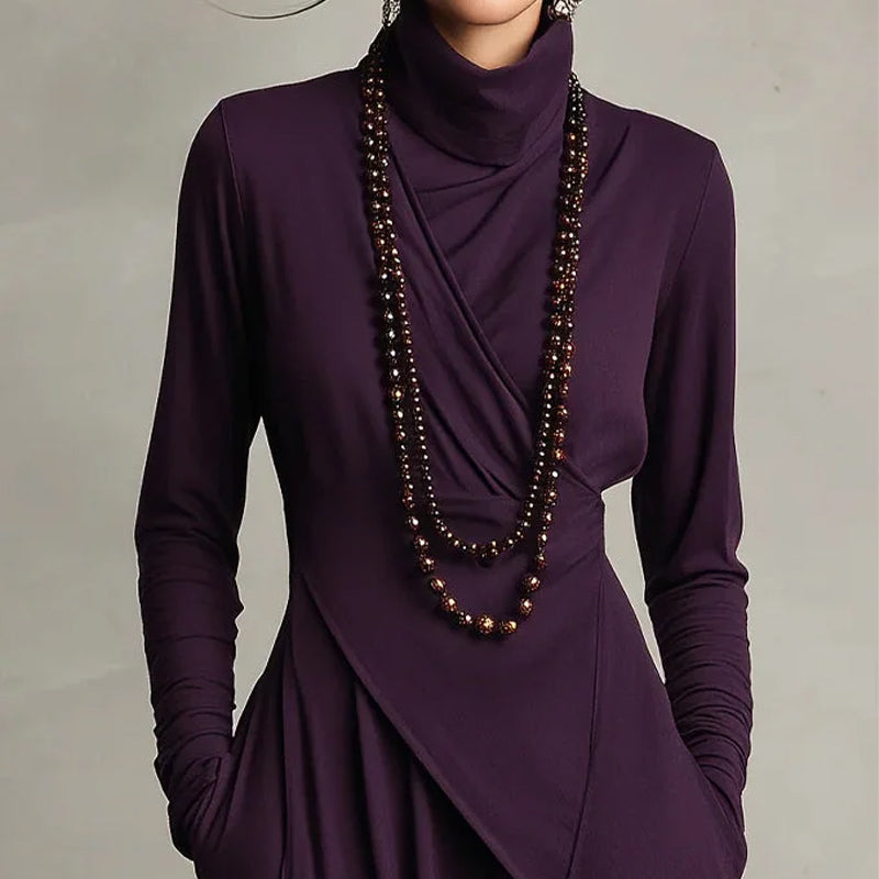 שמלת מקסי אלגנטית עם צווארון גבוה ועטיפה אסימטרית לנשים 🎅🏻🎉