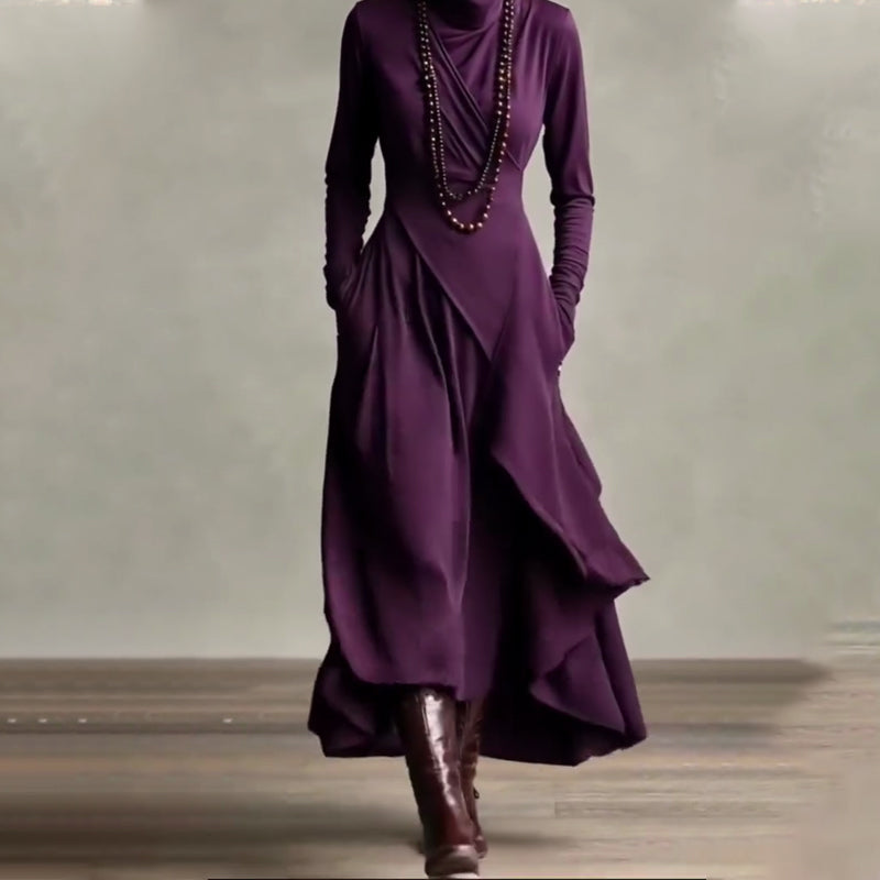 שמלת מקסי אלגנטית עם צווארון גבוה ועטיפה אסימטרית לנשים 🎅🏻🎉