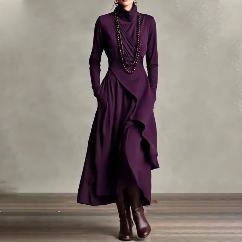 שמלת מקסי אלגנטית עם צווארון גבוה ועטיפה אסימטרית לנשים 🎅🏻🎉