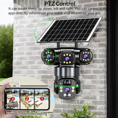 📹☀️ מצלמת אבטחה סולארית רב-זוויתית PTZ 360° — 8MP, ראיית לילה בצבע, WiFi 🌙🔒