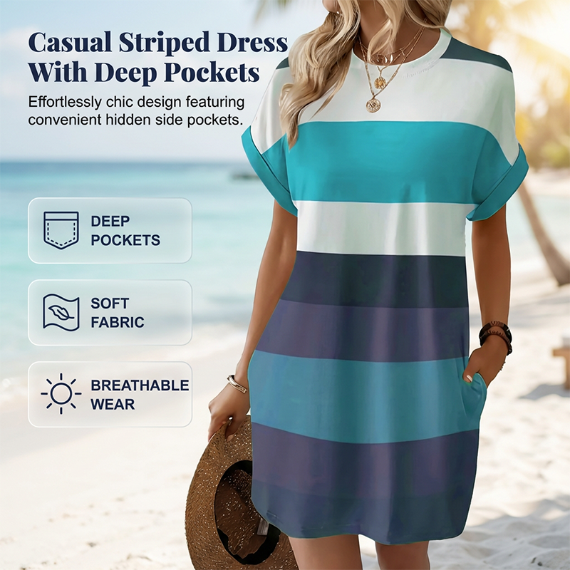 👗 50% הנחה לזמן מוגבל! ✨ שמלת מידי מפוספסת – כיסים, גזרה רחבה, חופשה, קז'ואל ✨