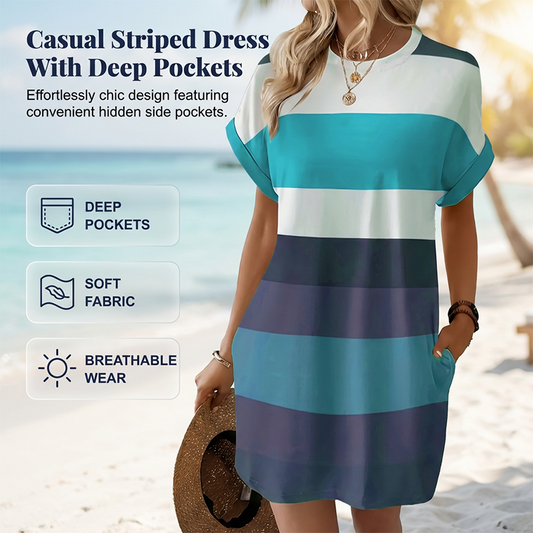 👗 50% הנחה לזמן מוגבל! ✨ שמלת מידי מפוספסת – כיסים, גזרה רחבה, חופשה, קז'ואל ✨