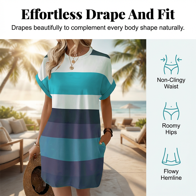 👗 50% הנחה לזמן מוגבל! ✨ שמלת מידי מפוספסת – כיסים, גזרה רחבה, חופשה, קז'ואל ✨