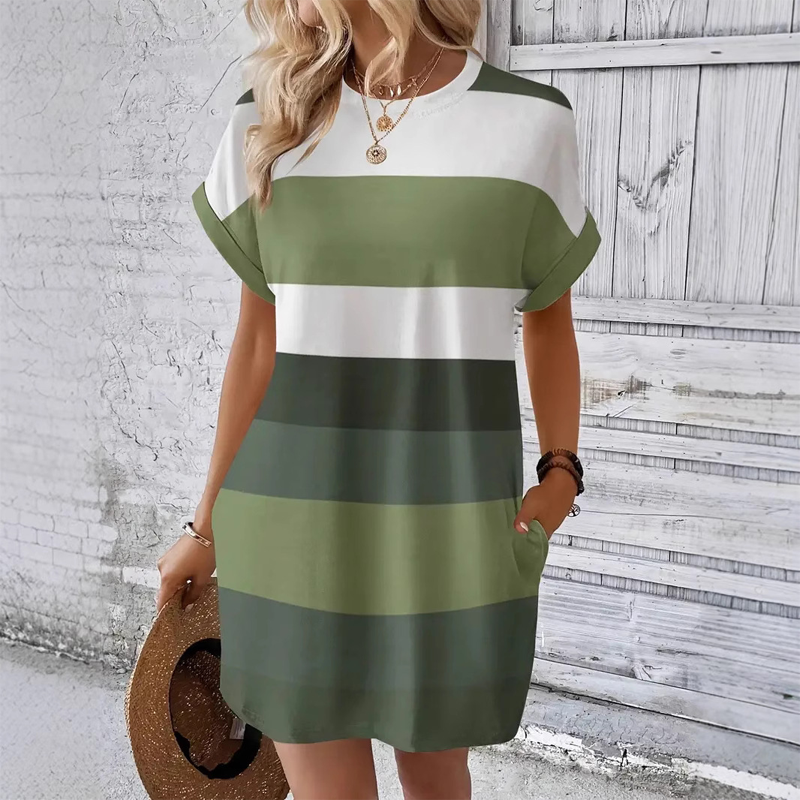 👗 50% הנחה לזמן מוגבל! ✨ שמלת מידי מפוספסת – כיסים, גזרה רחבה, חופשה, קז'ואל ✨