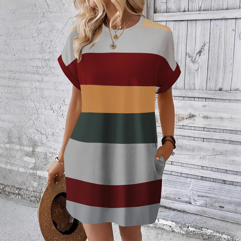 👗 50% הנחה לזמן מוגבל! ✨ שמלת מידי מפוספסת – כיסים, גזרה רחבה, חופשה, קז'ואל ✨