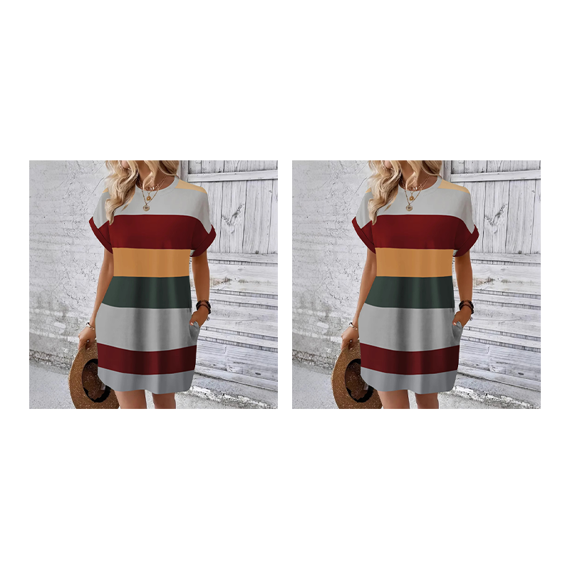 👗 50% הנחה לזמן מוגבל! ✨ שמלת מידי מפוספסת – כיסים, גזרה רחבה, חופשה, קז'ואל ✨