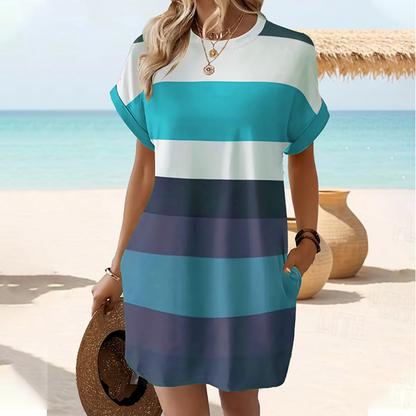 👗 50% הנחה לזמן מוגבל! ✨ שמלת מידי מפוספסת – כיסים, גזרה רחבה, חופשה, קז'ואל ✨