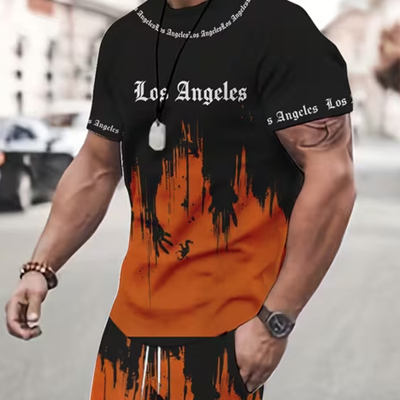 👕 50% הנחה לזמן מוגבל! 🩳 סט חולצת טי ומכנסיים קצרים עם הדפס גרפי לגברים – תואם, רך, מותן מתכוונן 🌴