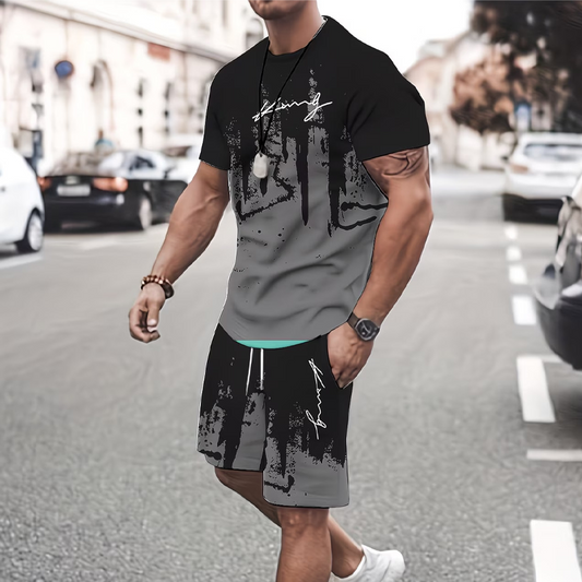 👕 50% הנחה לזמן מוגבל! 🩳 סט חולצת טי ומכנסיים קצרים עם הדפס גרפי לגברים – תואם, רך, מותן מתכוונן 🌴