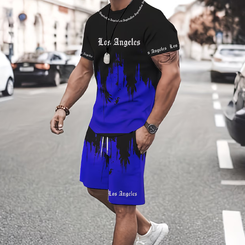 👕 50% הנחה לזמן מוגבל! 🩳 סט חולצת טי ומכנסיים קצרים עם הדפס גרפי לגברים – תואם, רך, מותן מתכוונן 🌴