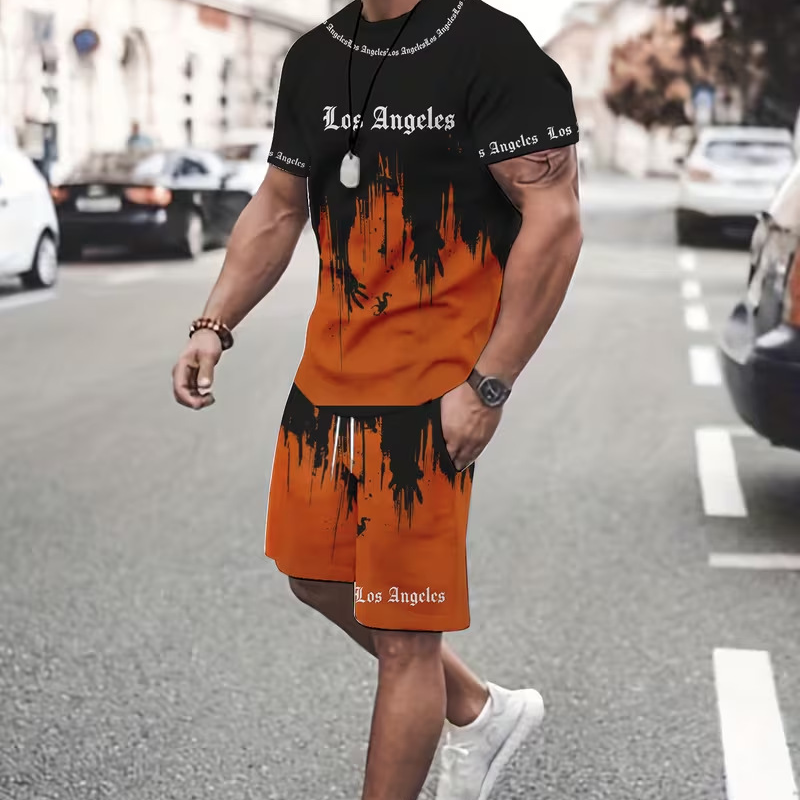 👕 50% הנחה לזמן מוגבל! 🩳 סט חולצת טי ומכנסיים קצרים עם הדפס גרפי לגברים – תואם, רך, מותן מתכוונן 🌴
