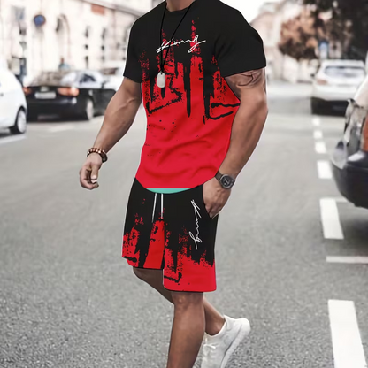 👕 50% הנחה לזמן מוגבל! 🩳 סט חולצת טי ומכנסיים קצרים עם הדפס גרפי לגברים – תואם, רך, מותן מתכוונן 🌴
