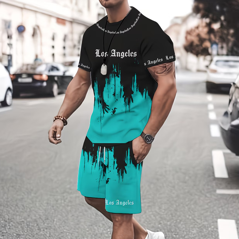 👕 50% הנחה לזמן מוגבל! 🩳 סט חולצת טי ומכנסיים קצרים עם הדפס גרפי לגברים – תואם, רך, מותן מתכוונן 🌴